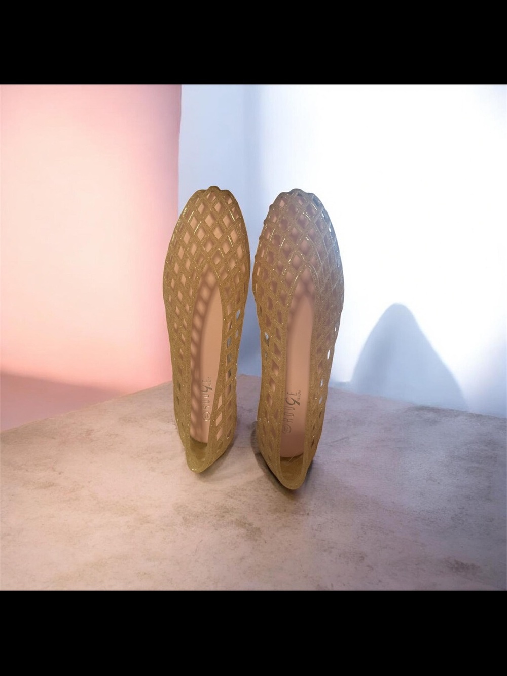 Breathable lattice  Slip-On Flats in a soft blush pink & glitter gold all over.
